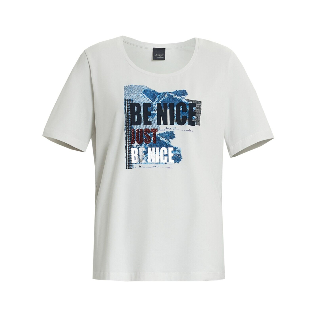 PERSONA by Marina Rinaldi white women's t-shirt with blue print and rhinestones 2413971071600 OSCURI