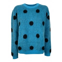 SEMICOUTURE women's turquoise crewneck sweater with black polka dots art S1WF20 ARIELLE MADE IN ITALY