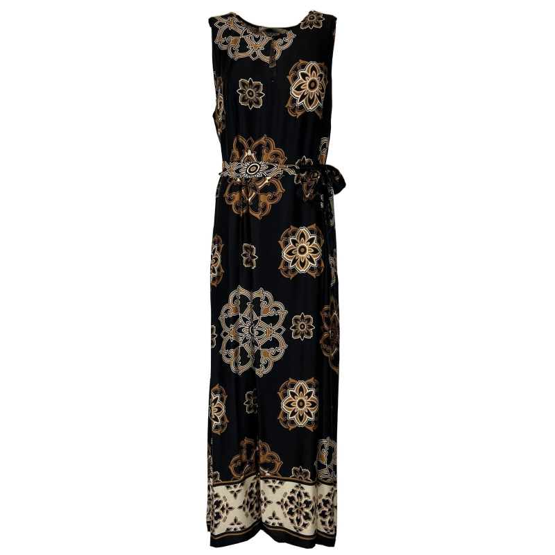 LA FEE MARABOUTEE women's long black/camel patterned dress FF-RO-SANA-M IN ITALY