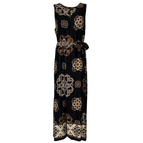 LA FEE MARABOUTEE women's long black/camel patterned dress FF-RO-SANA-M IN ITALY