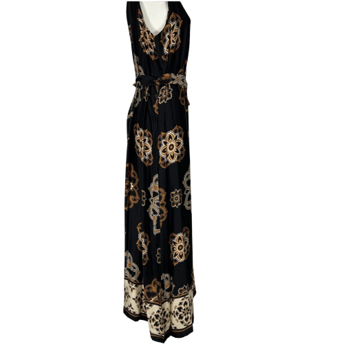 LA FEE MARABOUTEE women's long black/camel patterned dress FF-RO-SANA-M IN ITALY