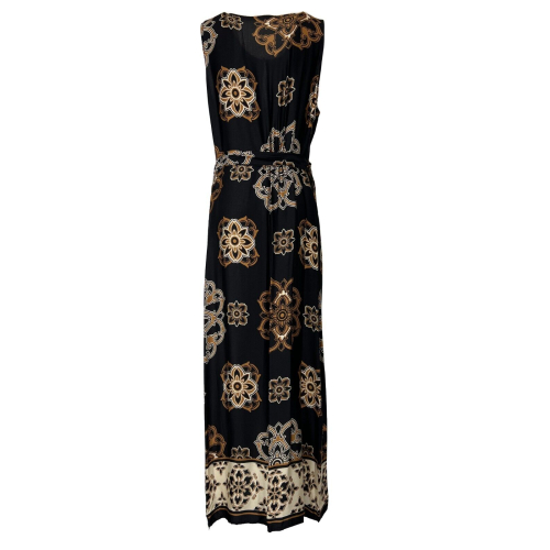 LA FEE MARABOUTEE women's long black/camel patterned dress FF-RO-SANA-M IN ITALY